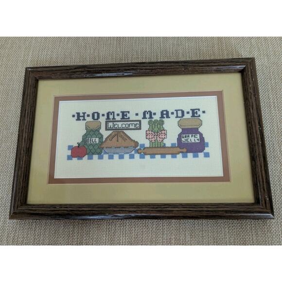 Vintage Handmade Finished Cross Stitch in Frame "Homemade" Kitchen Theme 7.5x10" - Picture 1 of 5